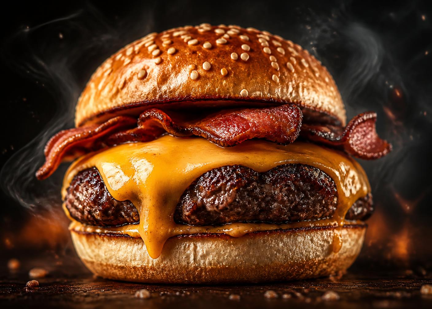 Hambúrguer artesanal com cheddar derretido e bacon